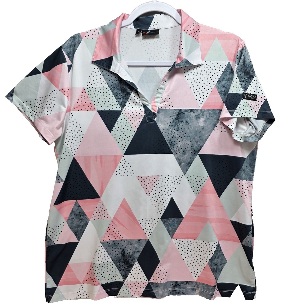 Yatta Golf Polo Shirt Womens XL Standout Performance Short Sleeve Vneck Pink Geo